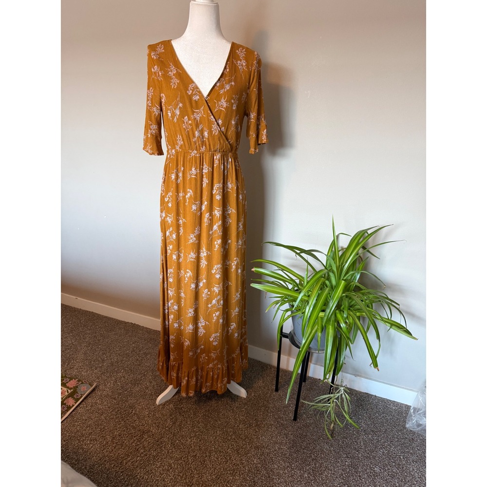 Polagram Maxi Dress Mustard Yellow EUC Floral  Pockets Boho Cottage fairy Size M